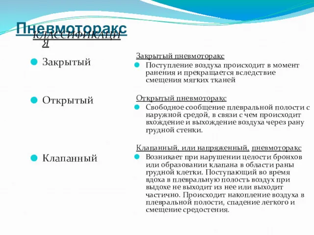 Пневмоторакс КЛАССИФИКАЦИЯ Закрытый Открытый Клапанный Закрытый пневмоторакс Поступление воздуха происходит