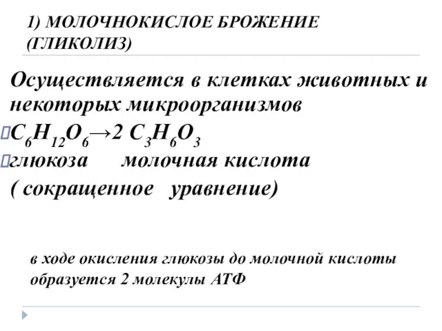 1) МОЛОЧНОКИСЛОЕ БРОЖЕНИЕ (ГЛИКОЛИЗ) Осуществляется в клетках животных и некоторых