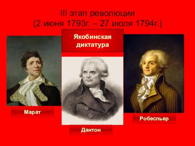 III этап революции (2 июня 1793г. – 27 июля 1794г.) Марат Дантон Робеспьер Якобинская диктатура