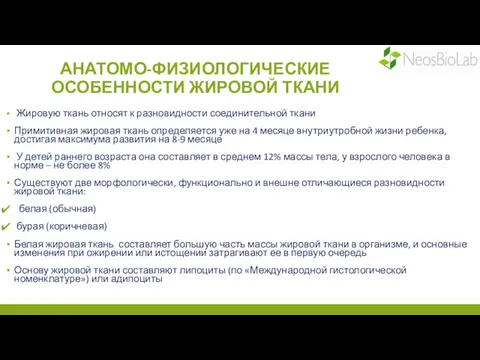 АНАТОМО-ФИЗИОЛОГИЧЕСКИЕ ОСОБЕННОСТИ ЖИРОВОЙ ТКАНИ Жировую ткань относят к разновидности соединительной