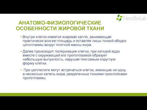 АНАТОМО-ФИЗИОЛОГИЧЕСКИЕ ОСОБЕННОСТИ ЖИРОВОЙ ТКАНИ Внутри клетки имеется жировая капля, занимающая