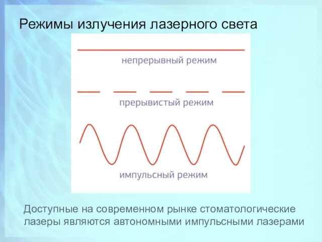 Режимы излучения лазерного света Доступные на современном рынке стоматологические лазеры являются автономными импульсными лазерами