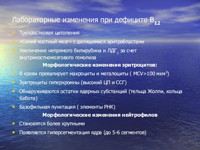 Лабораторные изменения при дефиците В12 Трехростковая цитопения «Синий костный мозг»