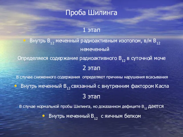 Проба Шилинга 1 этап Внутрь В12 меченный радиоактивным изотопом, в/м