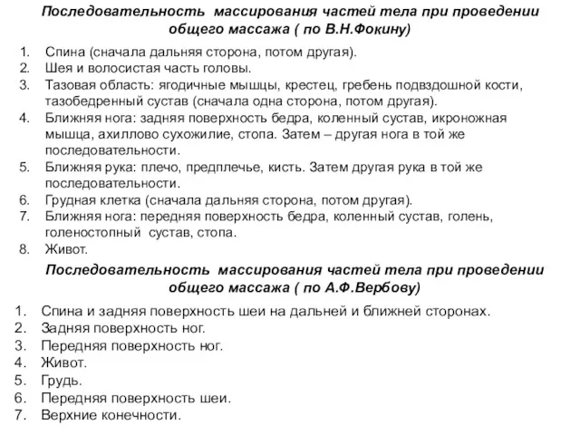 Последовательность массирования частей тела при проведении общего массажа ( по