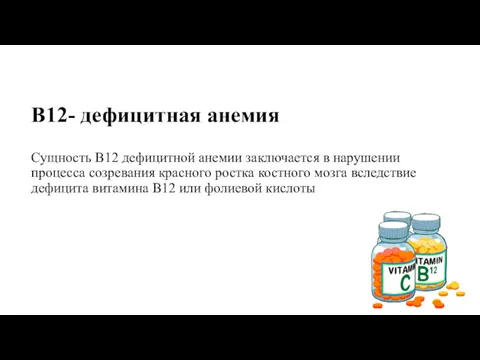 В12- дефицитная анемия Сущность В12 дефицитной анемии заключается в нарушении