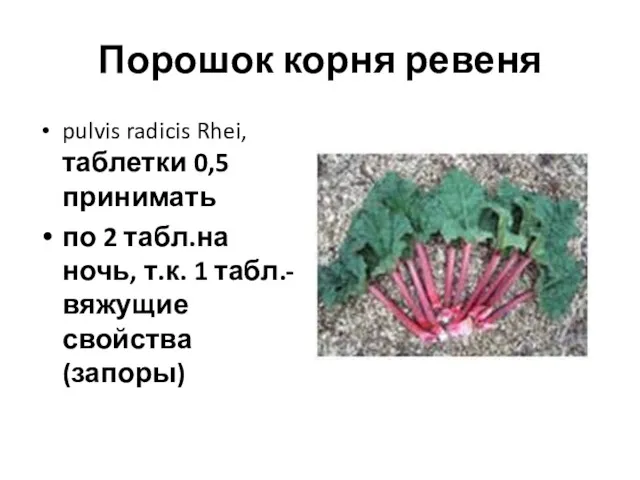 Порошок корня ревеня pulvis radicis Rhei, таблетки 0,5 принимать по