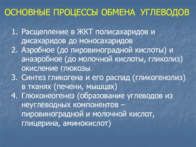 ОСНОВНЫЕ ПРОЦЕССЫ ОБМЕНА УГЛЕВОДОВ Расщепление в ЖКТ полисахаридов и дисахаридов