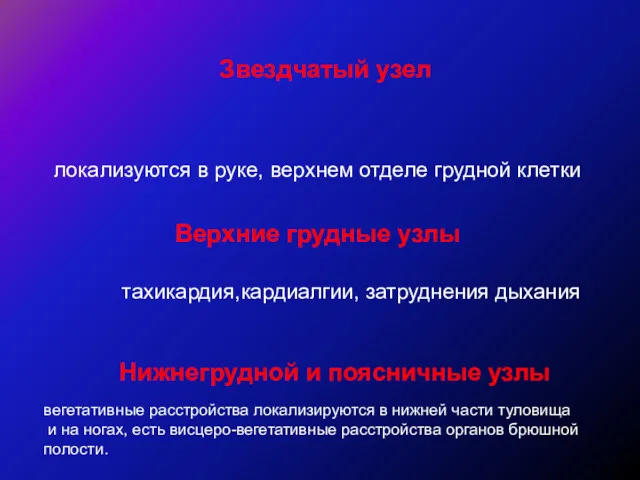 Звездчатый узел локализуются в руке, верхнем отделе грудной клетки Верхние