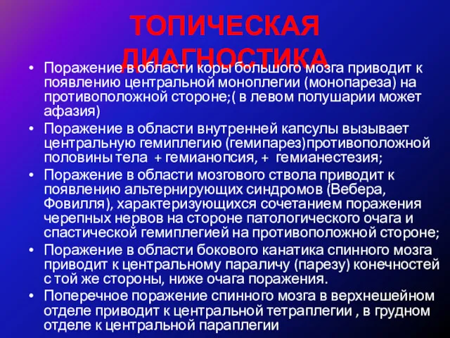 ТОПИЧЕСКАЯ ДИАГНОСТИКА Поражение в области коры большого мозга приводит к