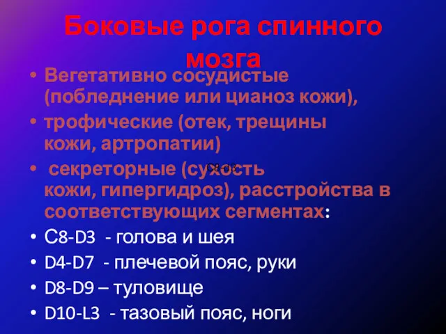 Боковые рога спинного мозга Вегетативно сосудистые (побледнение или цианоз кожи),