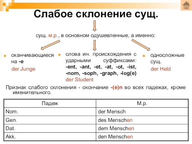 Слабое склонение сущ. оканчивающиеся на -e der Junge слова ин.