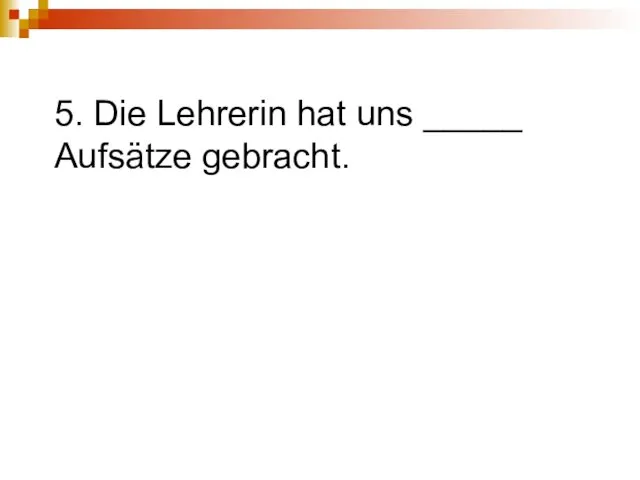 5. Die Lehrerin hat uns _____ Aufsätze gebracht.