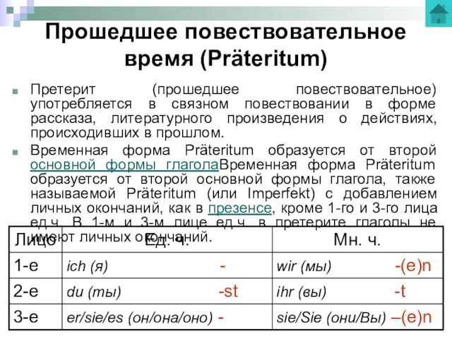 Прошедшее повествовательное время (Präteritum) Претерит (прошедшее повествовательное) употребляется в связном