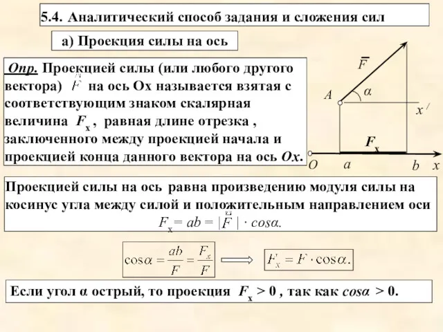 а) Проекция силы на ось 5.4. Аналитический способ задания и