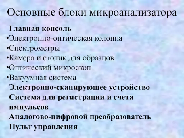 Главная консоль Электронно-оптическая колонна Спектрометры Камера и столик для образцов