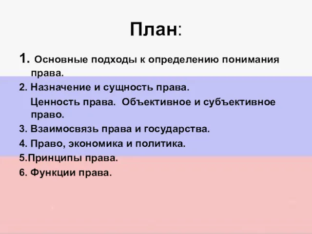 План: 1. Основные подходы к определению понимания права. 2. Назначение