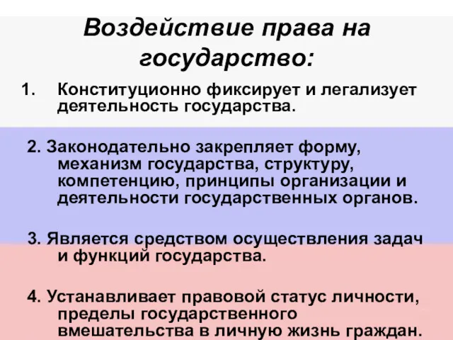 Воздействие права на государство: Конституционно фиксирует и легализует деятельность государства.