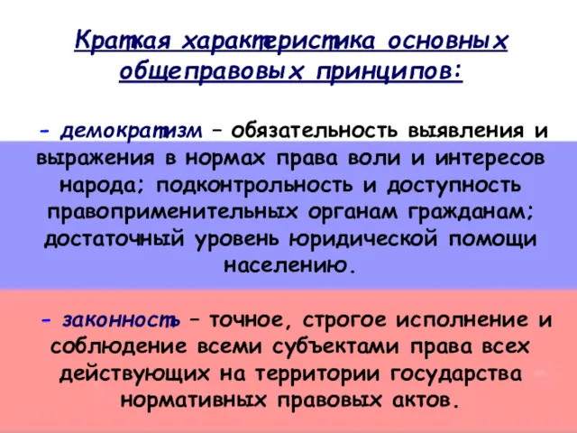 Краткая характеристика основных общеправовых принципов: - демократизм – обязательность выявления