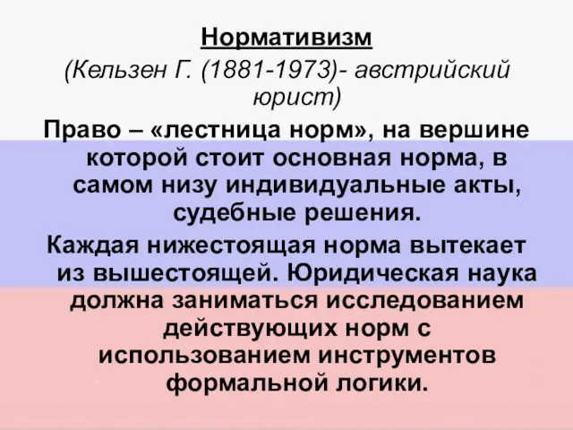 Нормативизм (Кельзен Г. (1881-1973)- австрийский юрист) Право – «лестница норм»,