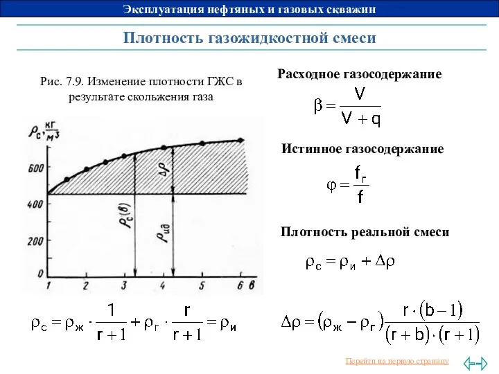 Плотность газожидкостной смеси Расходное газосодержание Истинное газосодержание Плотность реальной смеси