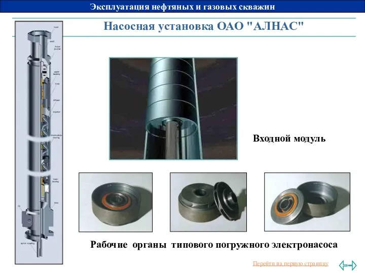 Входной модуль Рабочие органы типового погружного электронасоса Насосная установка ОАО "АЛНАС"