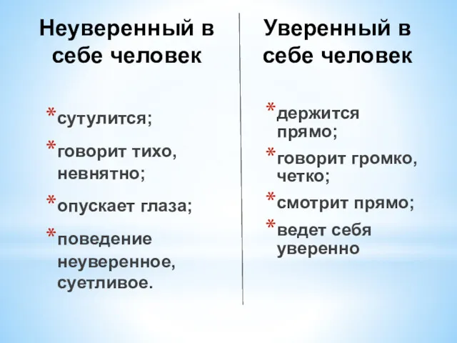 Неуверенный в себе человек сутулится; говорит тихо, невнятно; опускает глаза;