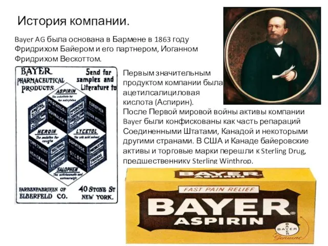 История компании. Bayer AG была основана в Бармене в 1863