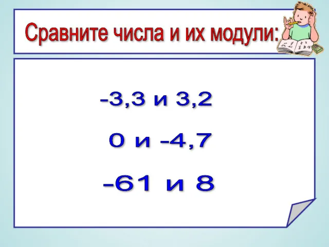 Сравните числа и их модули: -3,3 и 3,2 0 и -4,7 -61 и 8