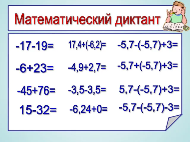 -17-19= -17-19= -6+23= -45+76= 15-32= 17,4+(-6,2)= -4,9+2,7= -3,5-3,5= -6,24+0= -5,7-(-5,7)+3= -5,7+(-5,7)+3= 5,7-(-5,7)+3= -5,7-(-5,7)-3= Математический диктант
