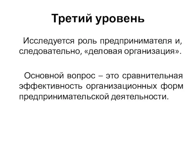 Третий уровень Исследуется роль предпринимателя и, следовательно, «деловая организация». Основной