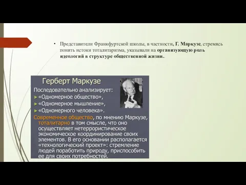 Представители Франкфуртской школы, в частности, Г. Маркузе, стремясь понять истоки