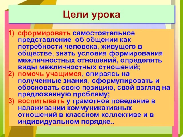 Цели урока сформировать самостоятельное представление об общении как потребности человека,