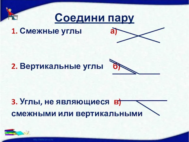 Соедини пару 1. Смежные углы а) 2. Вертикальные углы б)