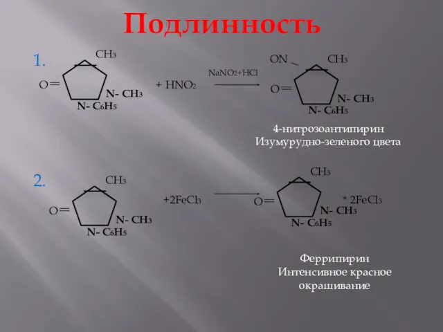 Подлинность 1. 2. + HNO2 4-нитрозоантипирин Изумурудно-зеленого цвета +2FeCl3 * 2FeCl3 Феррипирин Интенсивное красное окрашивание NaNO2+HCl