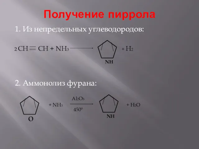 Получение пиррола 1. Из непредельных углеводородов: 2. Аммонолиз фурана: 2