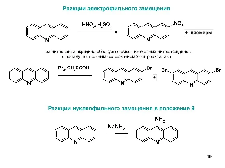 При нитровании акридина образуется смесь изомерных нитроакридинов с преимущественным содержанием