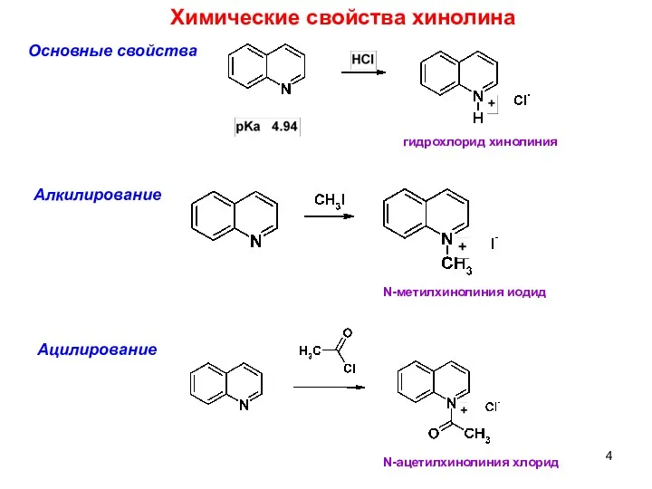 Химические свойства хинолина Основные свойства Алкилирование гидрохлорид хинолиния N-метилхинолиния иодид N-ацетилхинолиния хлорид Ацилирование