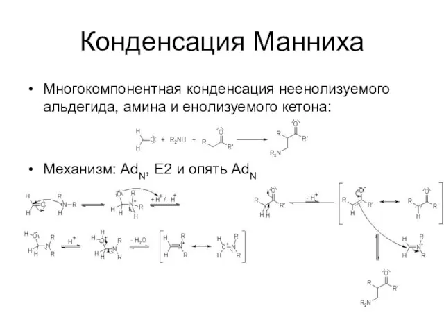 Конденсация Манниха Многокомпонентная конденсация неенолизуемого альдегида, амина и енолизуемого кетона: Механизм: AdN, E2 и опять AdN