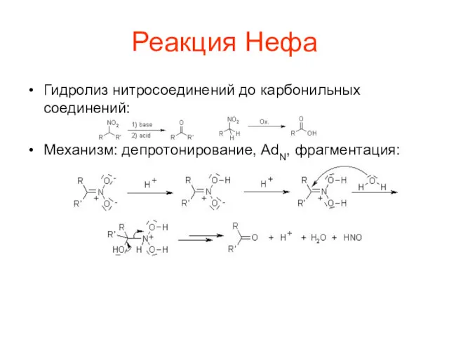 Реакция Нефа Гидролиз нитросоединений до карбонильных соединений: Механизм: депротонирование, AdN, фрагментация: