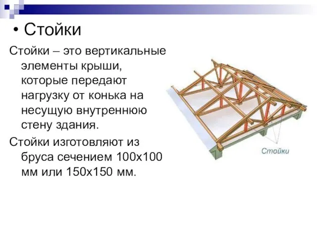 Стойки Стойки – это вертикальные элементы крыши, которые передают нагрузку