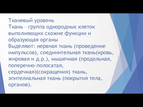 Тканевый уровень Ткань – группа однородных клеток выполняющих схожие функции