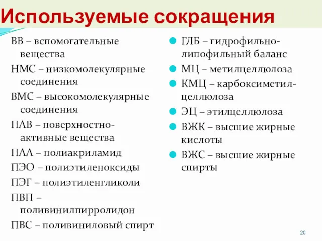 Используемые сокращения ВВ – вспомогательные вещества НМС – низкомолекулярные соединения