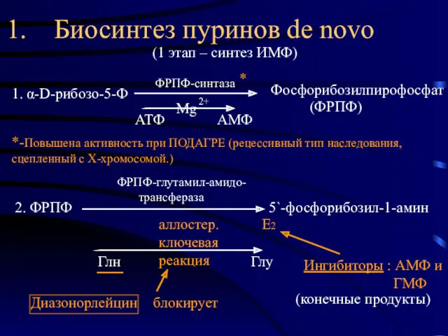 1. Биосинтез пуринов de novo (1 этап – синтез ИМФ)