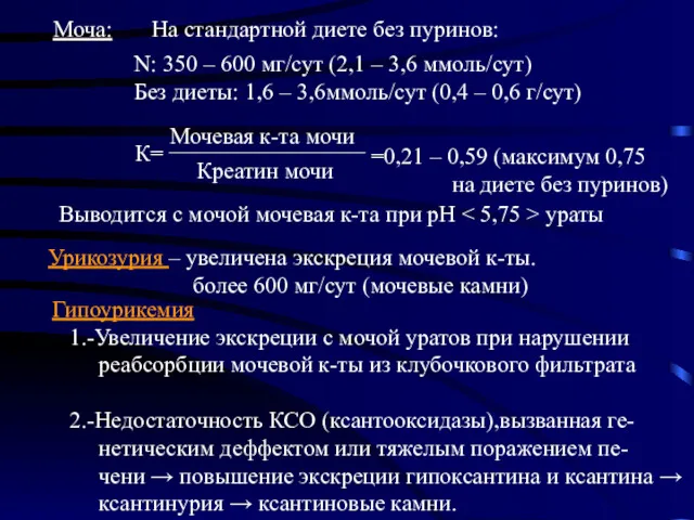 Моча: На стандартной диете без пуринов: N: 350 – 600