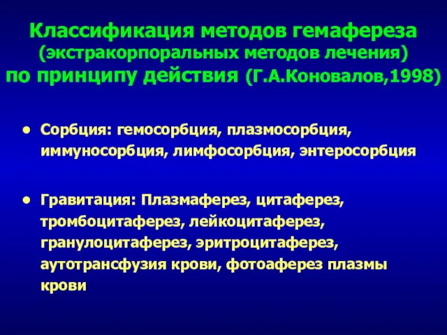 Классификация методов гемафереза (экстракорпоральных методов лечения) по принципу действия (Г.А.Коновалов,1998)