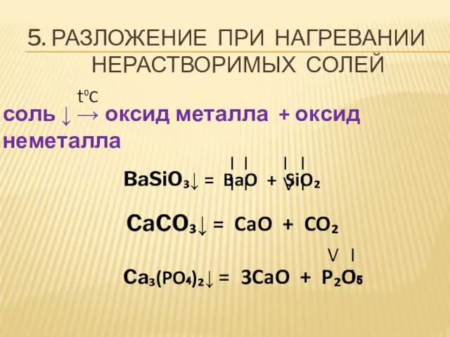 5. РАЗЛОЖЕНИЕ ПРИ НАГРЕВАНИИ НЕРАСТВОРИМЫХ СОЛЕЙ соль ↓ → оксид