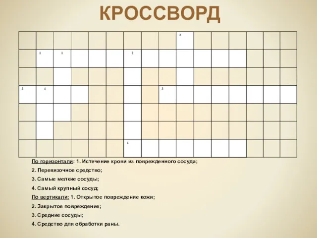 По горизонтали: 1. Истечение крови из поврежденного сосуда; 2. Перевязочное