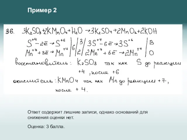 Пример 2 Ответ содержит лишние записи, однако оснований для снижения оценки нет. Оценка: 3 балла.