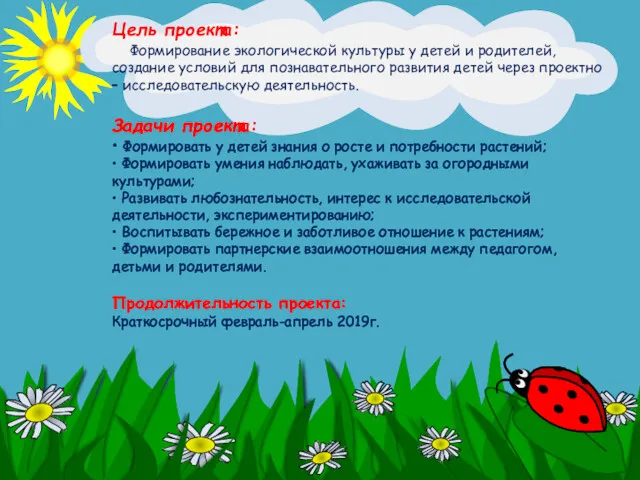 Цель проекта: Формирование экологической культуры у детей и родителей, создание